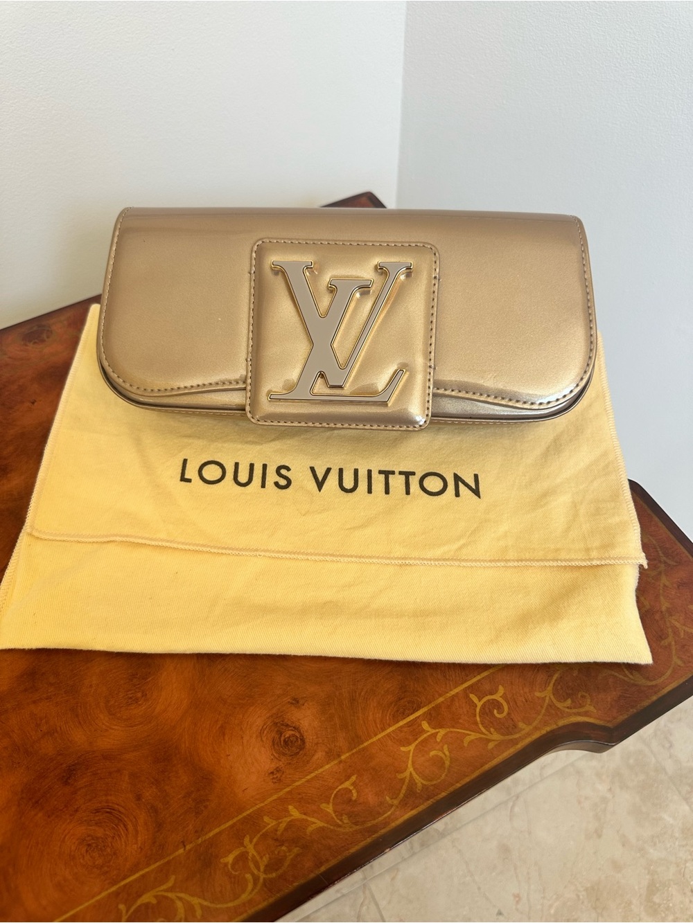 Louis Vuitton Patent Gold LV Logo Clutch